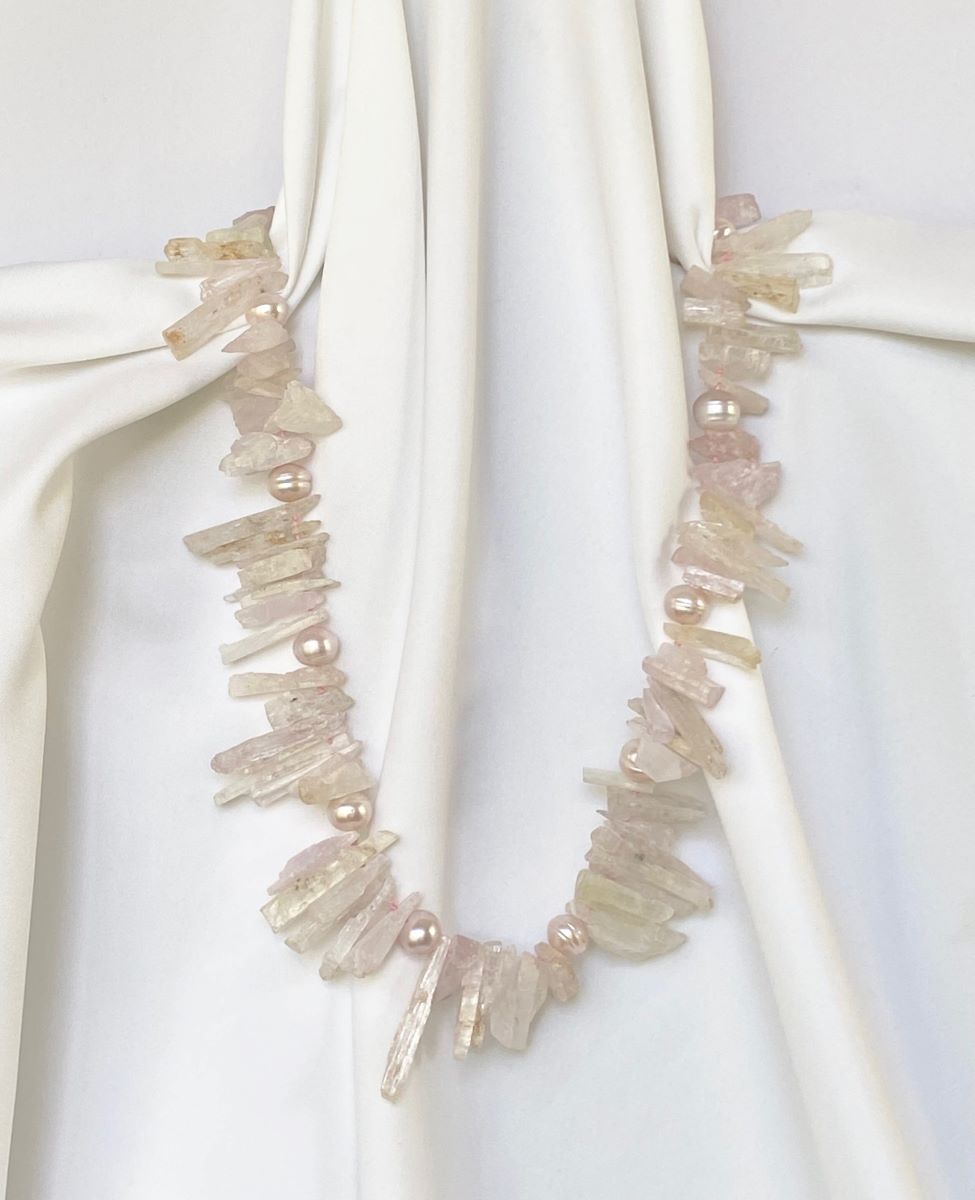 One Strand Kunzite, Pink Cultured Pearls Gemstone Necklace