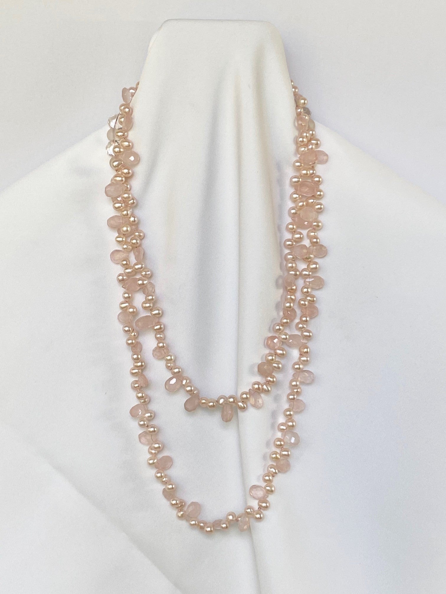 One Strand Pale Pink Drop Cultured Pearls, Rose Quartz, Rock Crystal and Pearls Finish Lariat Gemstone Necklace