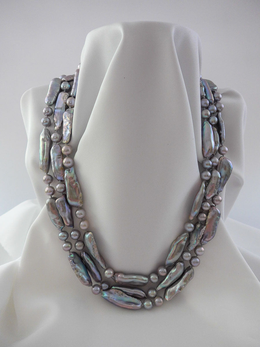 THREE STRAND GRADUATED PLATINUM GREY CULTURED PEARL NECKLACE