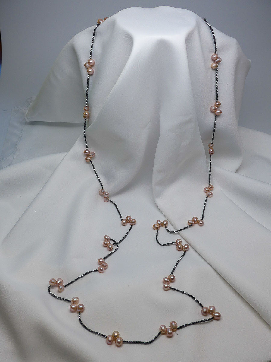 ONE STRAND CULTURED PEARL AND HEMATITE LONG NECKLACE (SIX IN ONE NECKLACE)