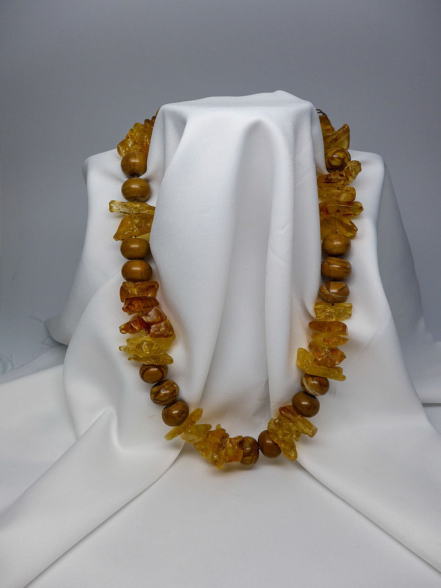 One Strand Amber and Wood Line Jasper Gemstone Necklace
