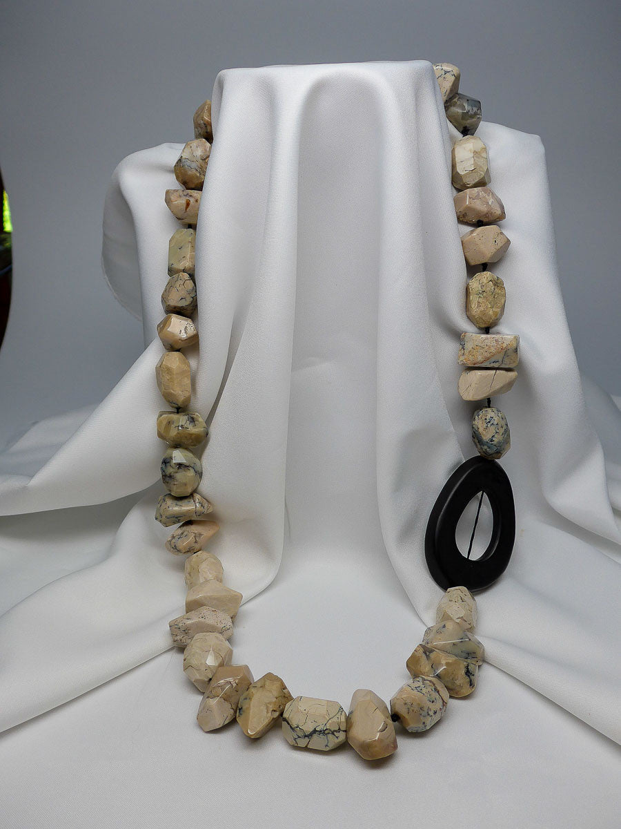TWO INDIVIDUAL STRAND OPAL NUGGETS AND MATTED ONYX DOUGHNUT GEMSTONE NECKLACES