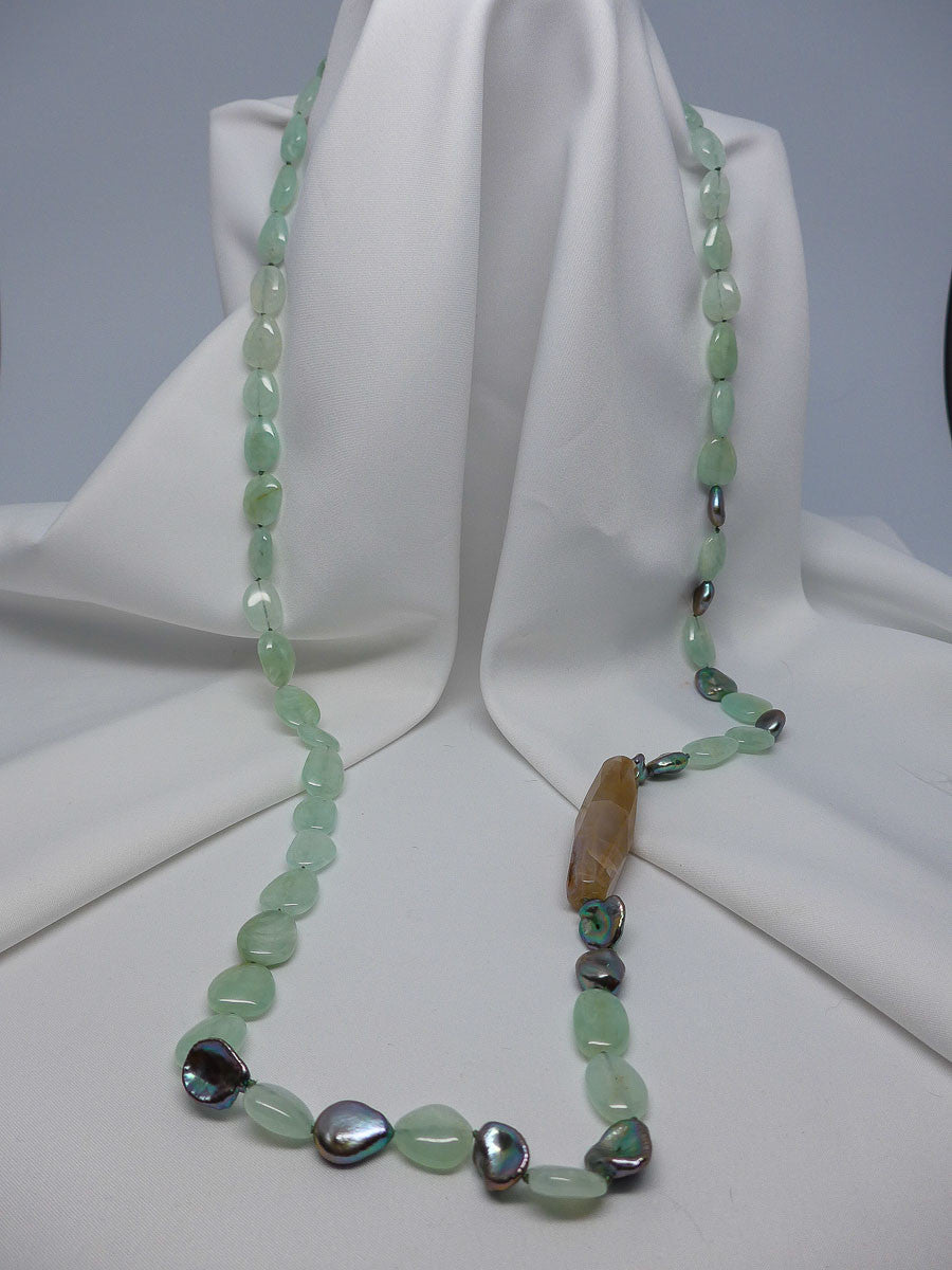 One Strand Green Moonstone, Platinum Green Coin Keshi Cultured Pearls & Agate Wand Gemstone Long Necklace