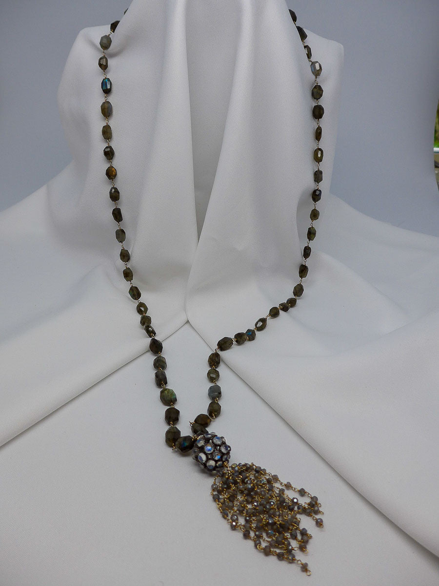 ONE STRAND VERMEIL STERLING SILVER CHAIN LABRADORITE, RAINBOW MOONSTONE OXIDIZED SILVER BEAD CLOSED LARIAT NECKLACE