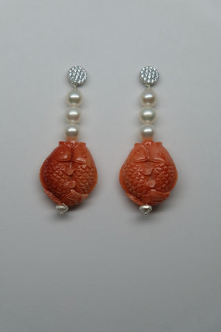 925 Sterling Silver with Cubic Zirconia Post, White Cultured Pearls & Carved Reconstituted Coral Long Earrings