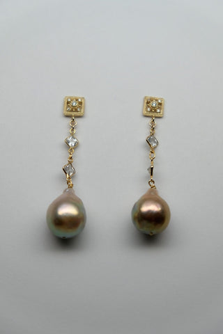 925 Vermeil Sterling Silver Chain and Cubic Zirconia Post with Natural Baroque Cultured Pearl Earrings