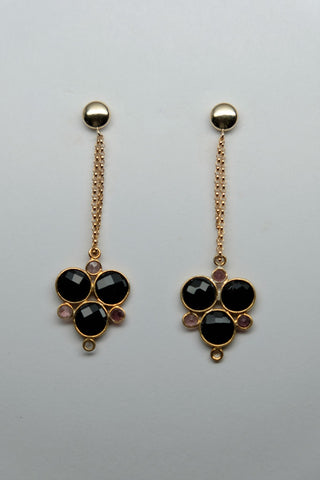 925 Vermeil Sterling Silver Chain, Gold Filled Post with Faceted Onyx & Cognac Citrine Earrings