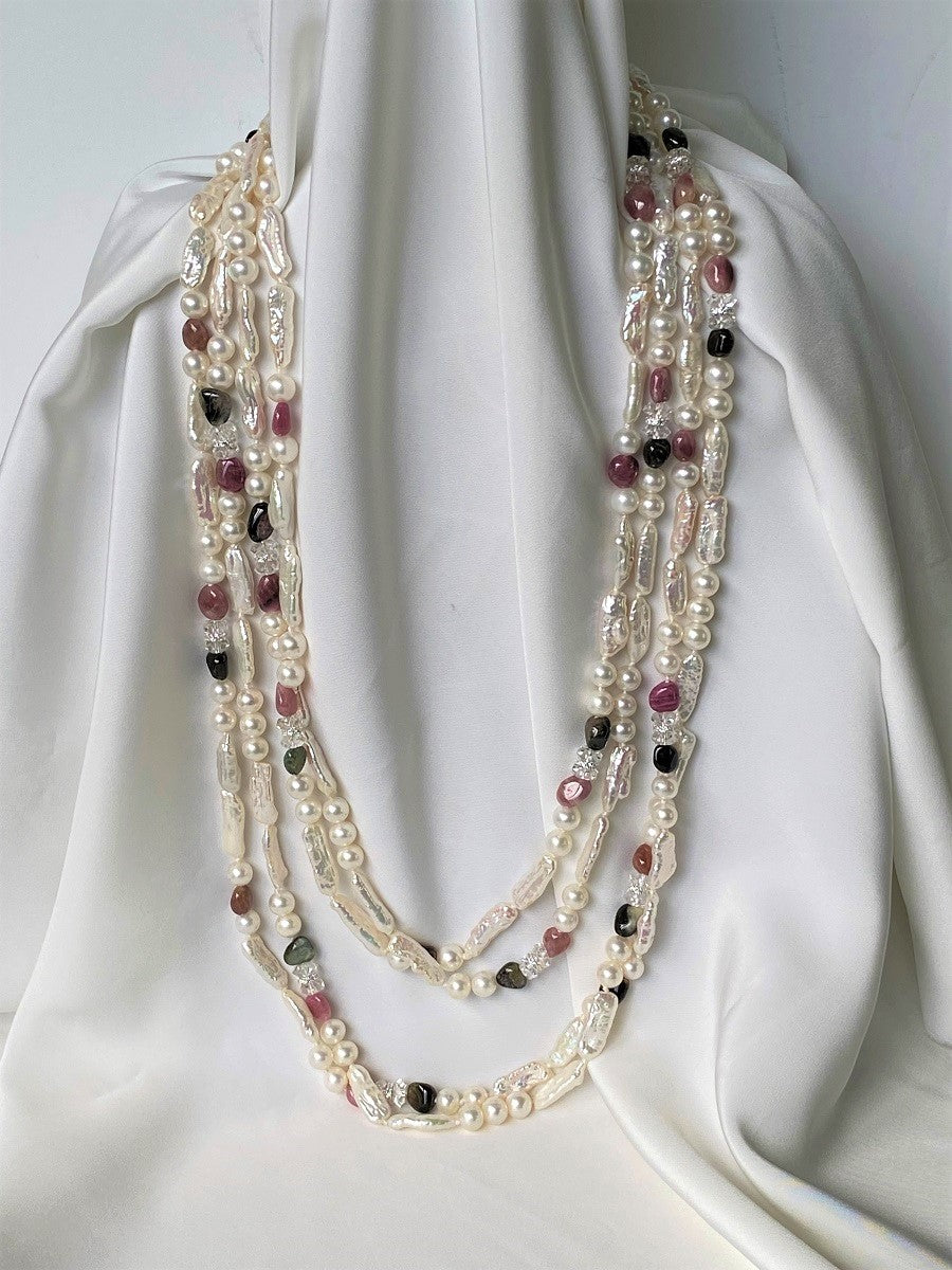 Two Individual Strands, White Cultured Pearls, Rock Crystal, Tourmaline Long Rope Lariat Necklace