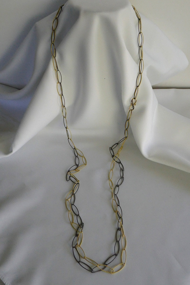 TWO LONG STRAND 925 VERMEIL STERLING SILVER & OXIDIZED 925 STERLING SILVER WITH COGNAC DIAMOND CLASPS NECKLACE