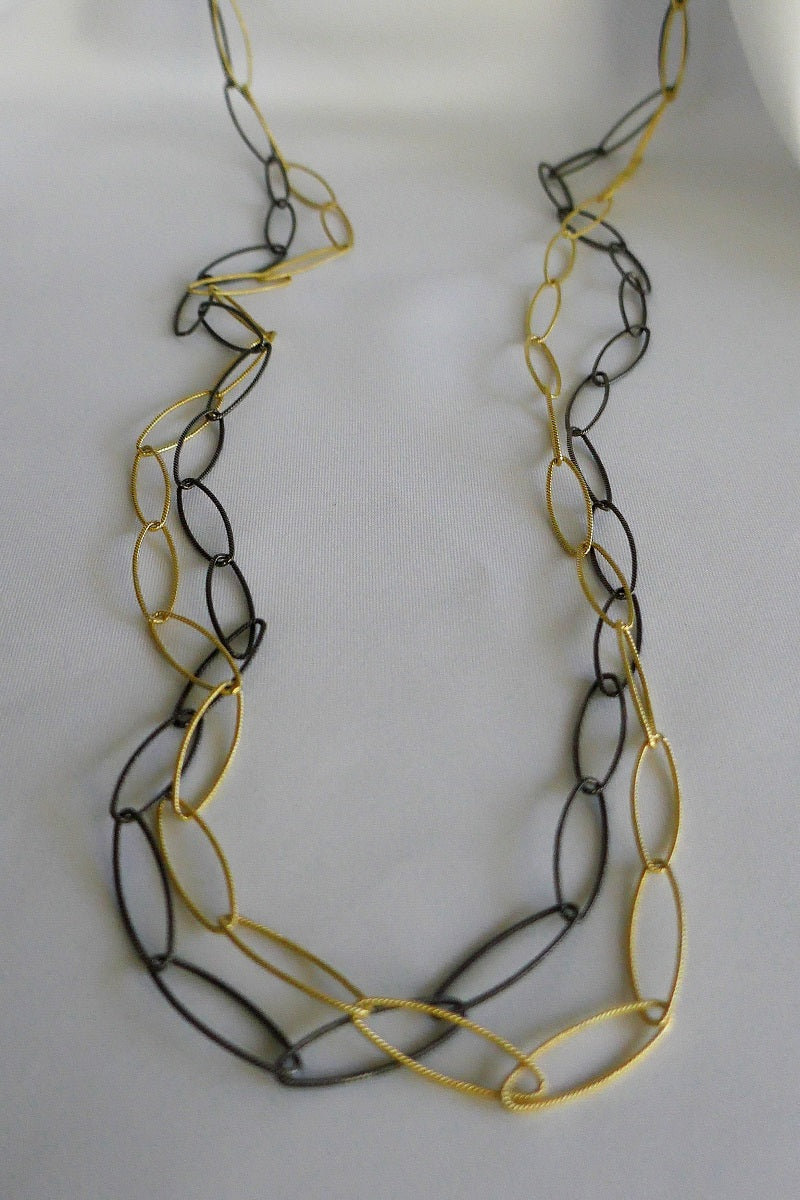 TWO LONG STRAND 925 VERMEIL STERLING SILVER & OXIDIZED 925 STERLING SILVER  WITH COGNAC DIAMOND CLASPS NECKLACE