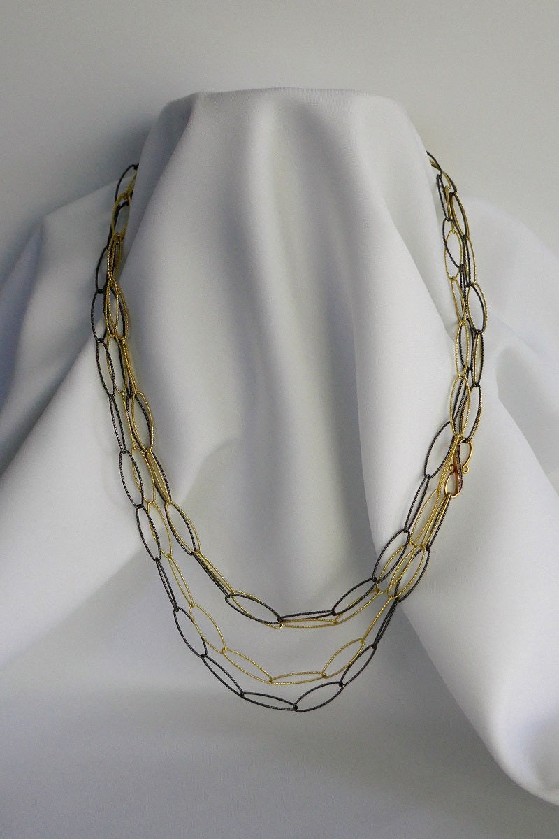 TWO LONG STRAND 925 VERMEIL STERLING SILVER & OXIDIZED 925 STERLING SILVER  WITH COGNAC DIAMOND CLASPS NECKLACE