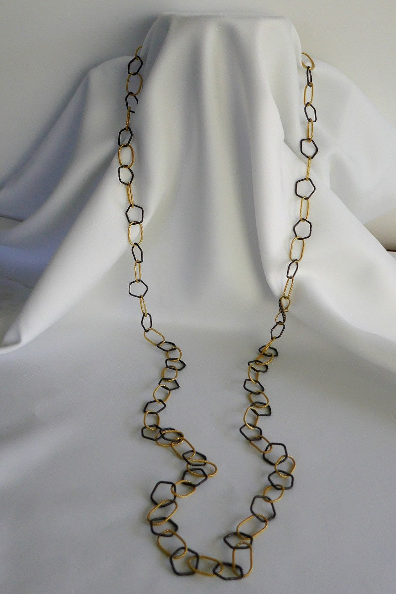 ONE LONG STRAND 925 VERMEIL STERLING SILVER & OXIDIZED 925 STERLING SILVER WITH COGNAC DIAMOND CLASPS NECKLACE