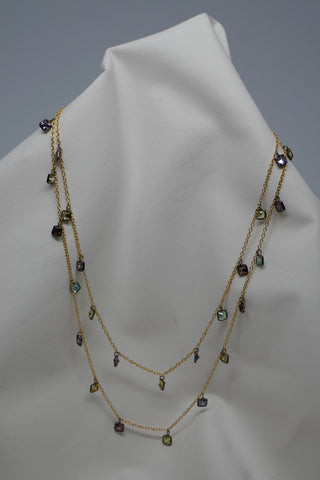Two 925 Vermeil Sterling Silver Chains with Dangling Cubic Zirconia Squares Necklace