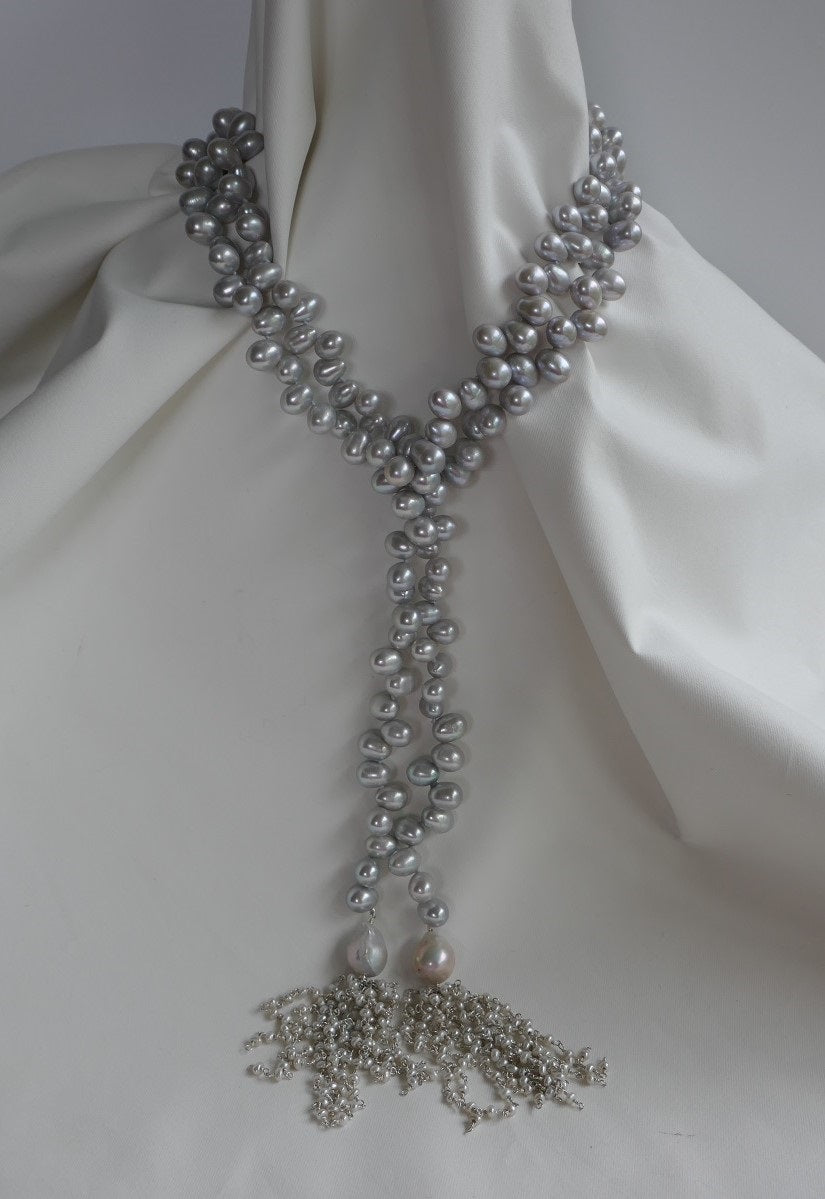 One Strand Platinum Drop Cultured Pearl Lariat Necklace 925 Sterling Silver Tassel