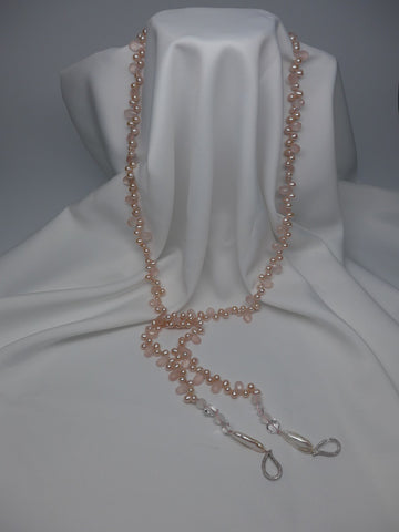 One Strand Pale Pink Drop Pearls, Rose Quartz, Rock Crystal and Pearls Finish Lariat Gemstone Necklace