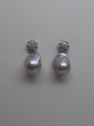 Sterling Silver Cubic Zirconia Post Platinum Grey Baroque Cultured Pearl Earring