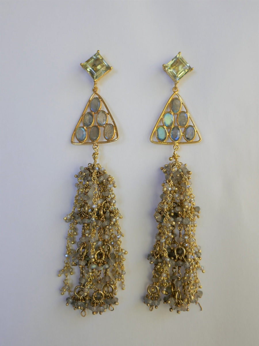 Labradorite, Vermeil Sterling Silver Labradorite Tassel 925 14k Plated Green Amethyst Post Earrings