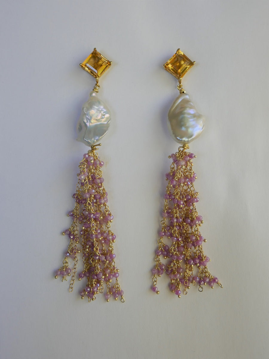 Keshi Pearls, Moonstone 925Vermeil Sterling Silver Tassel 925 14k Plated Citrine Post Earrings