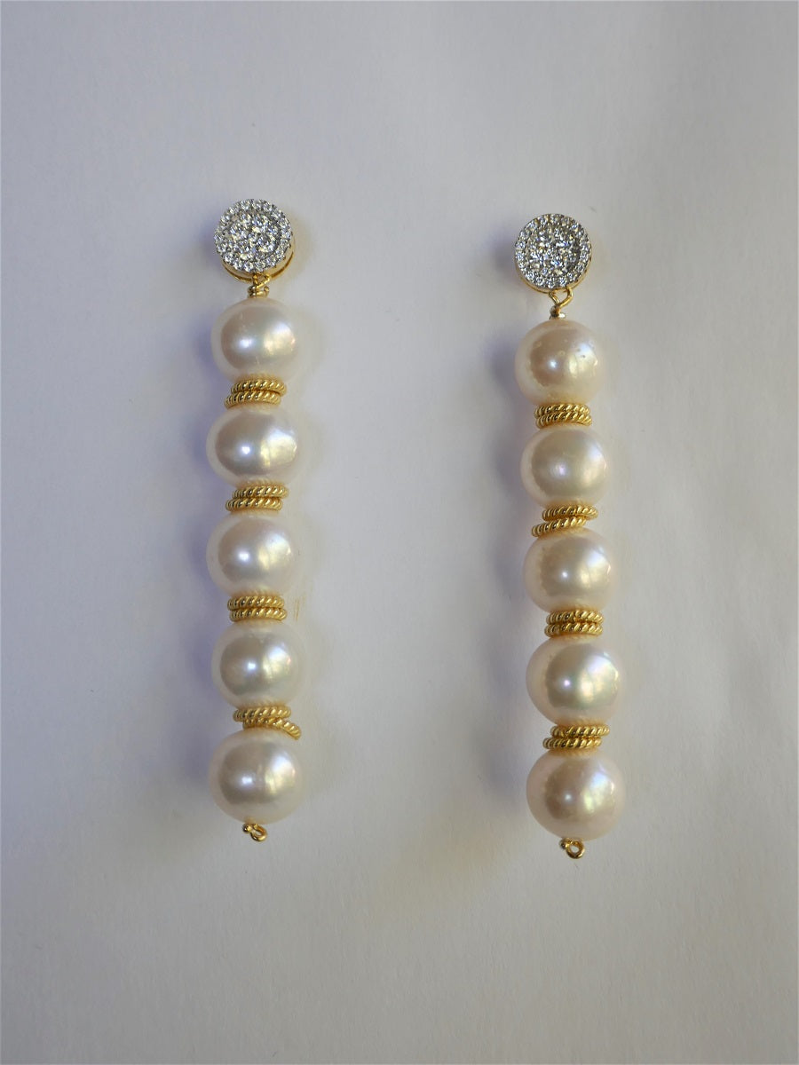 White Almost Round Cultured Pearls 925 Vermeil Sterling Silver Cubic Zirconia Post & Rings Earrings