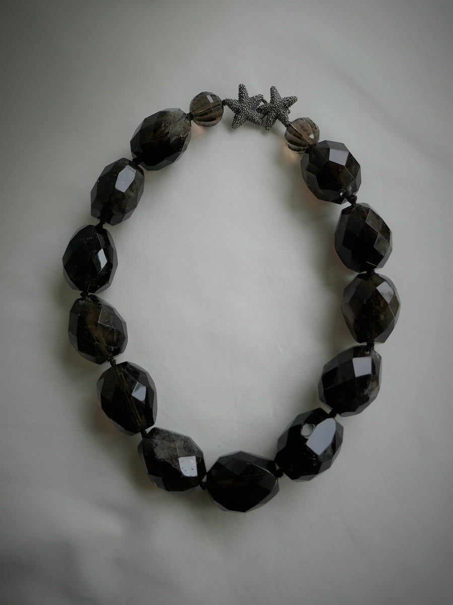One Strand Smokey Quartz Gemstone Necklace Exlusive Oxidized Silver Starfish Clasp
