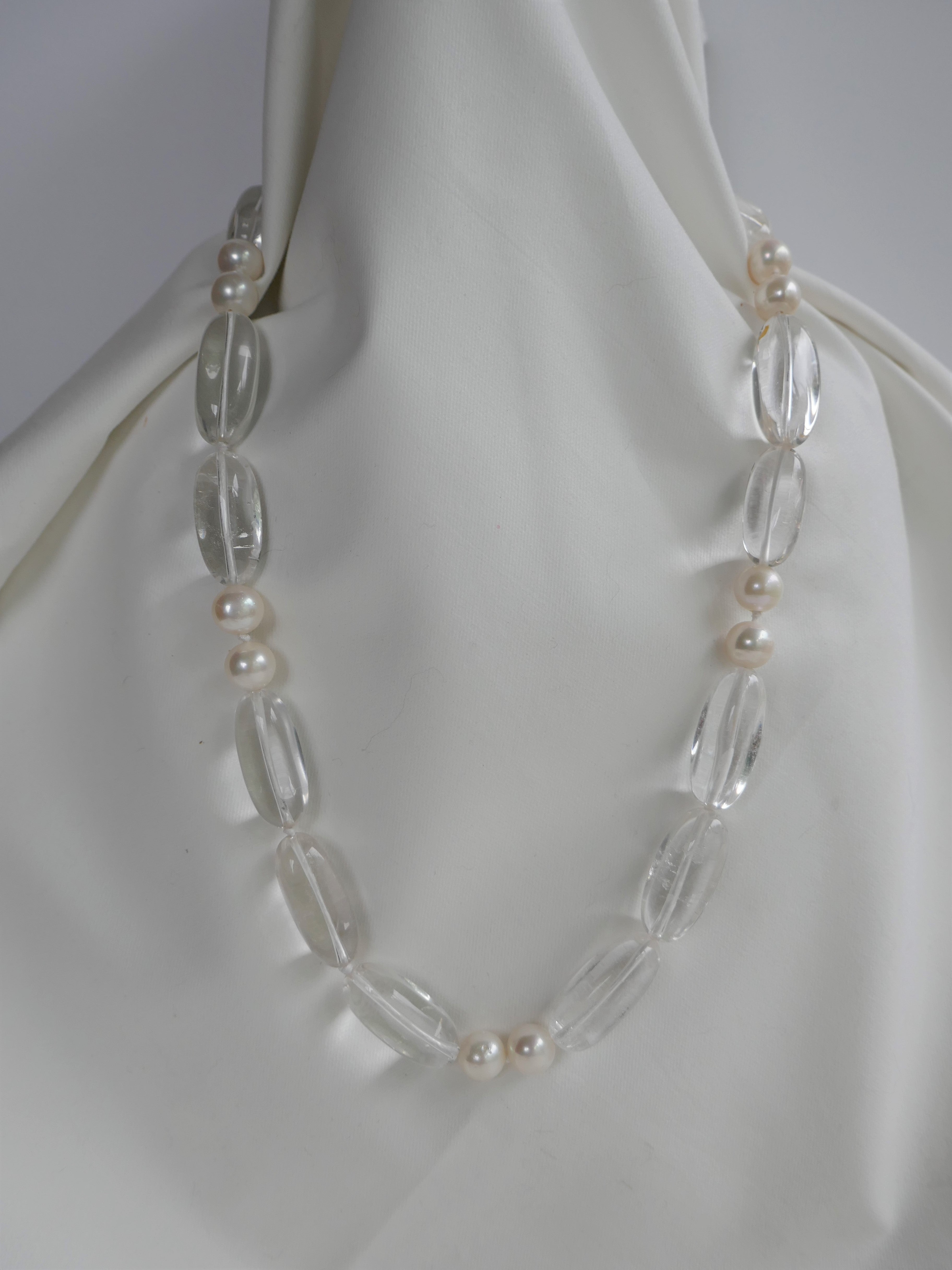 One Strand Rock Crystal Cultured Pearl Gemstone Necklace 925 Sterling Silver Clasp