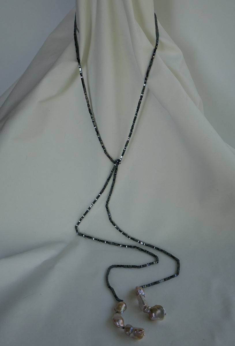 One Long Strand Hematite and Natural Baroque Cultured Pearls Lariat Necklace
