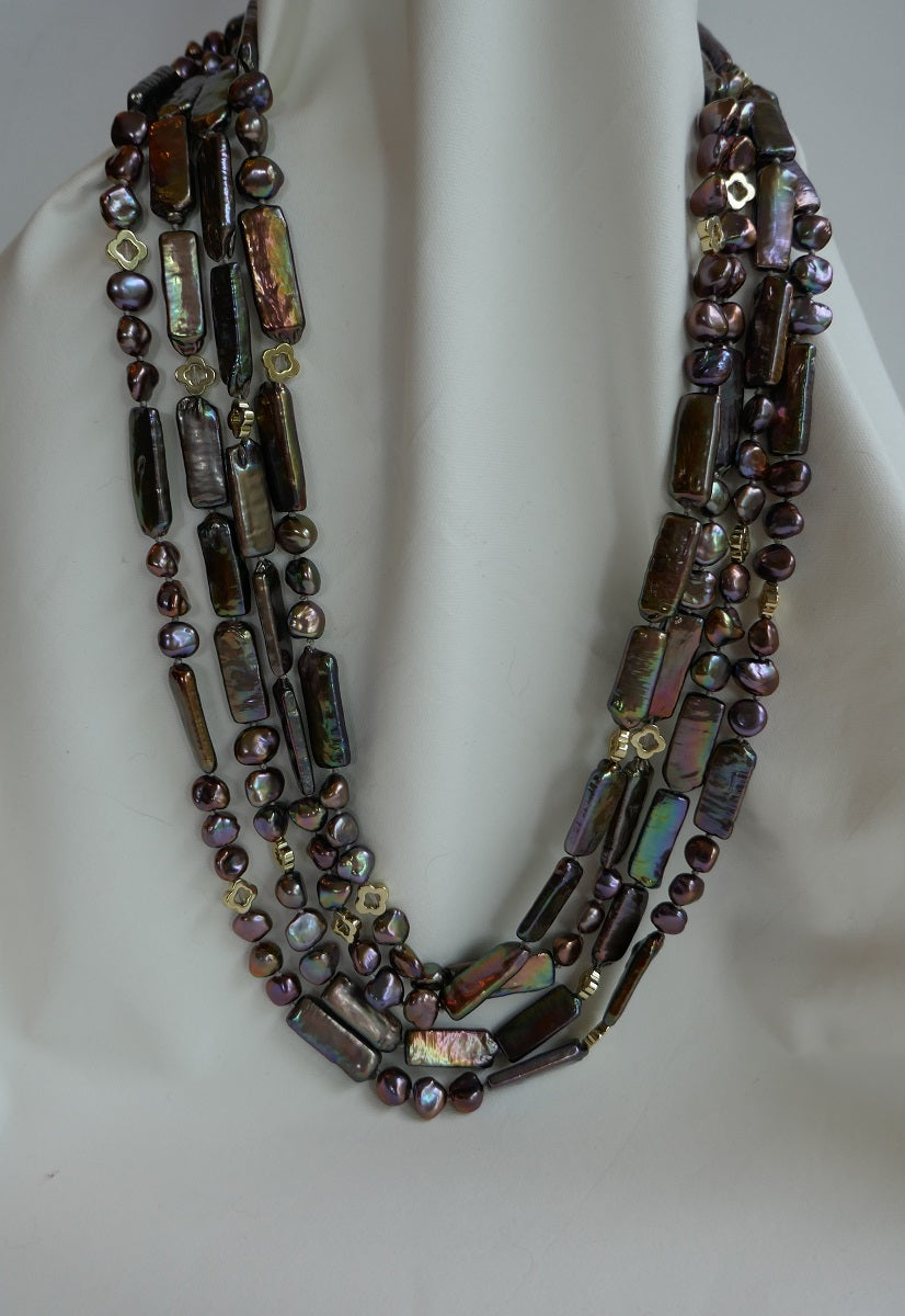 Two Strands Peacock Copper Oblong Keshi Pearls, Keshi Pearls & Gold Plated Hematite Long Rope Necklace
