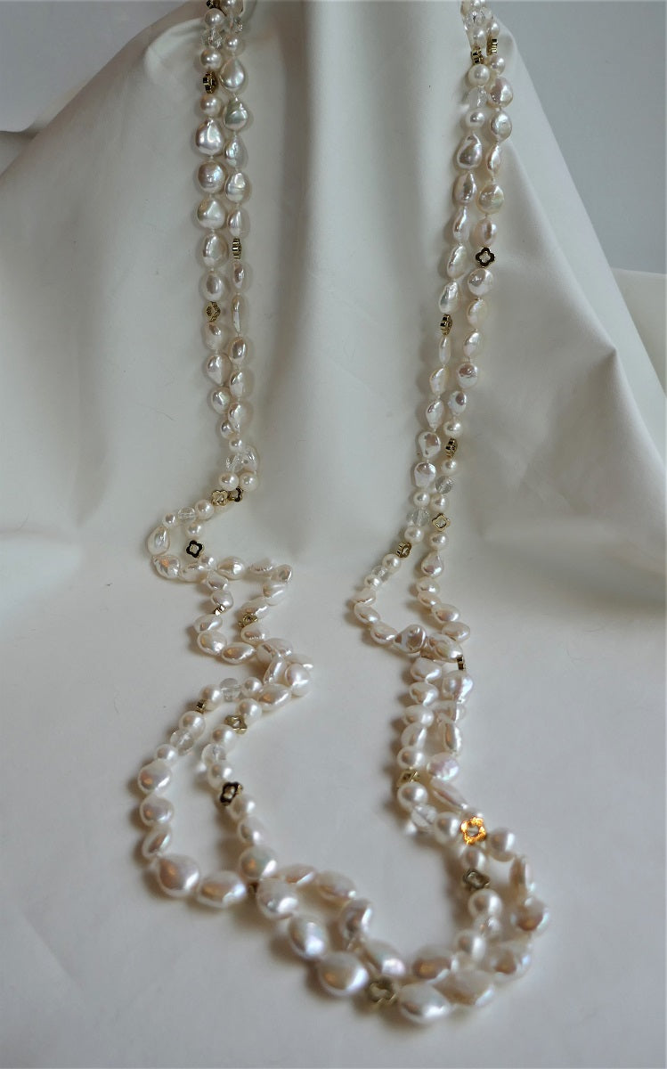 Two Strands White Coin & Round Cultured Pearls, Rock Crystal & Gold Plated Hematite Long Rope Necklace