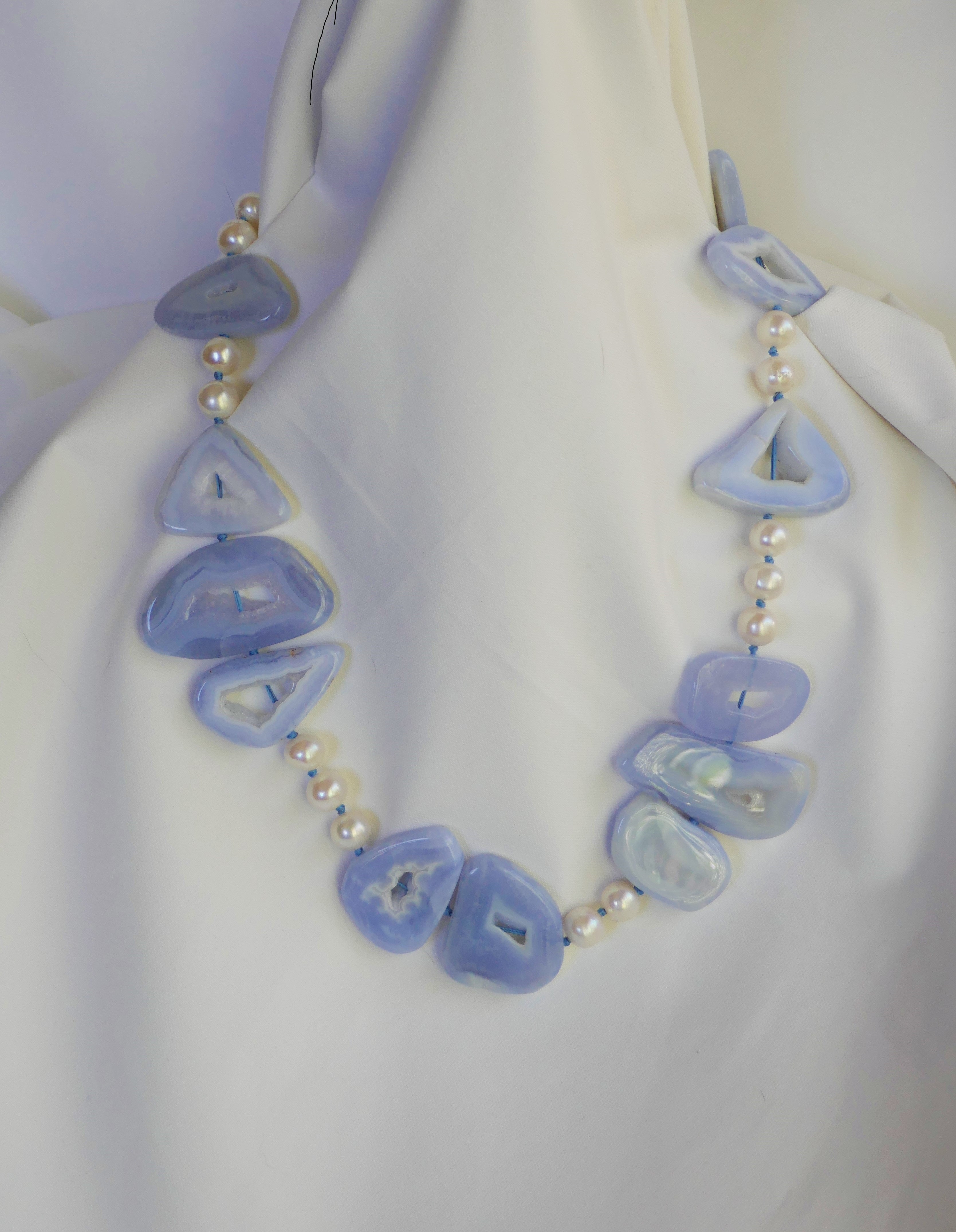 One Strand Irregular Shaped Chalcedeny (Light Blue) White Cultured Pearls 925 Sterling Silver Clasp Gemstone Necklace