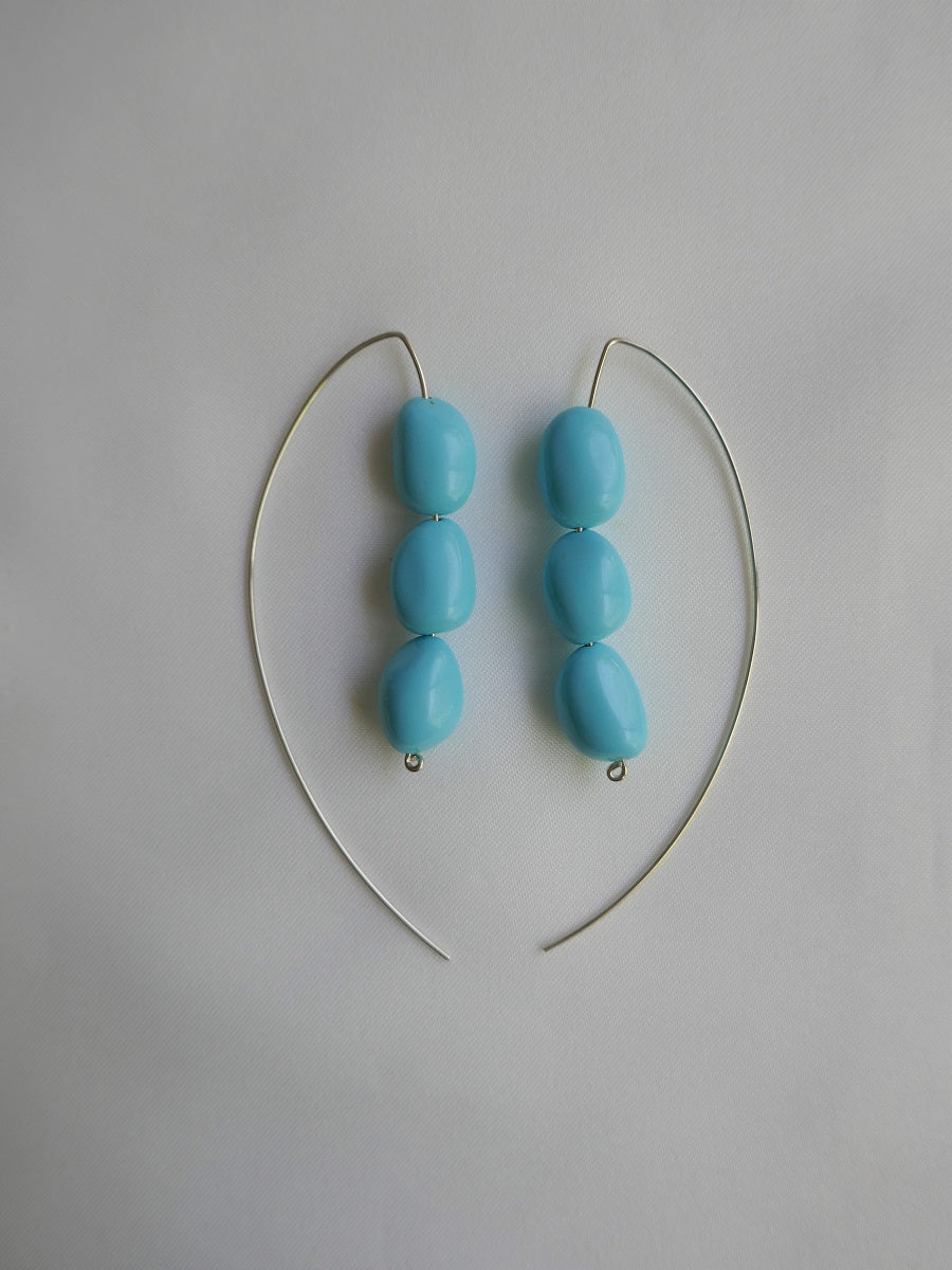 Three Turquoise Nugget Wishbone Shape 925 Sterling Silver Wire Earrings