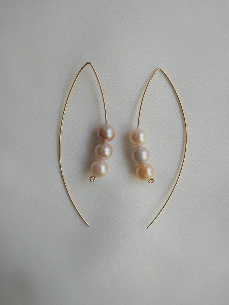 Three Natural Cultured Pearls Wishbone 14k Gold Filled Wire Earrings