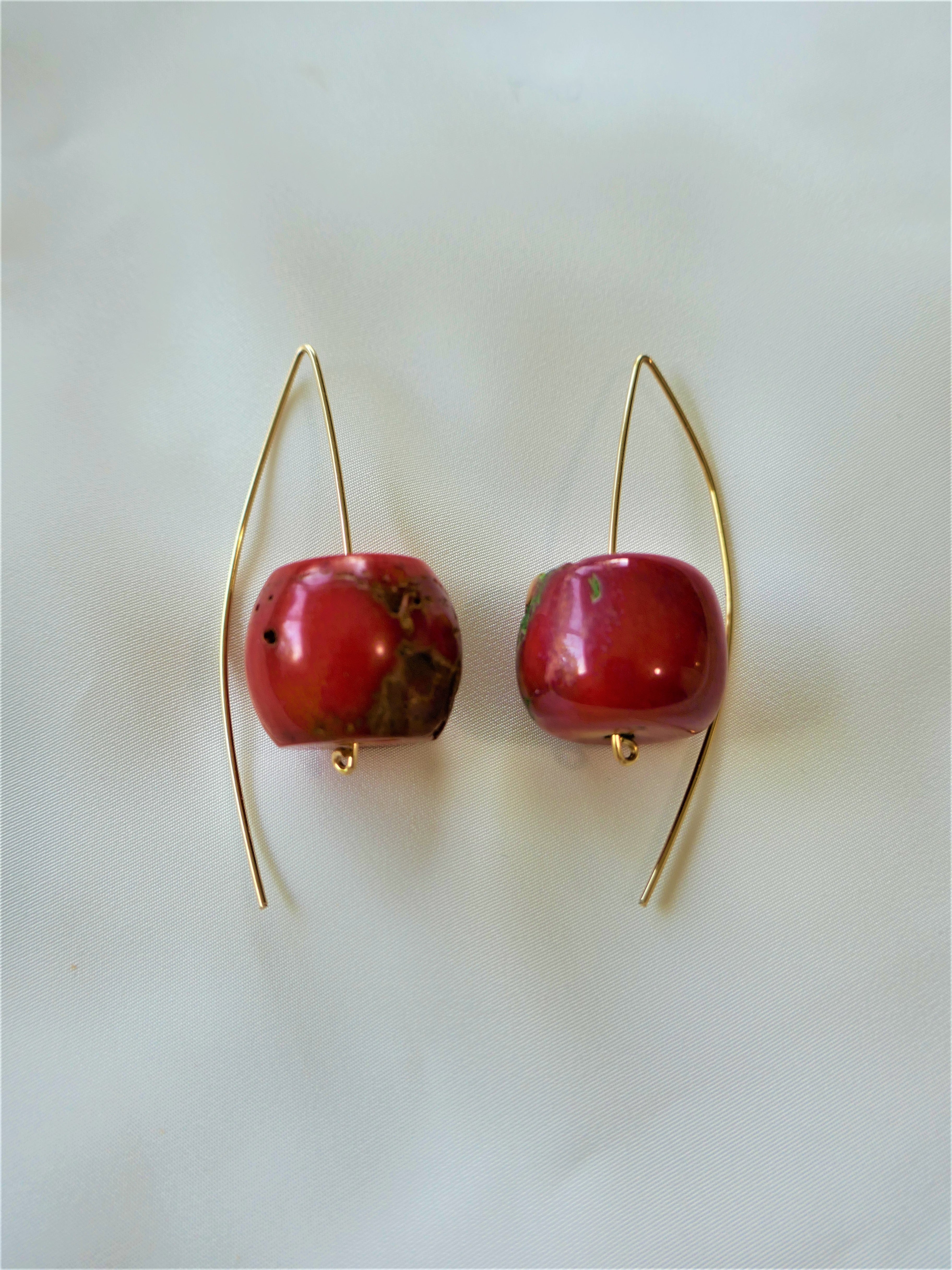 Red Chinese Coral Wishbone Shape 14k gold filled Wire Earrings