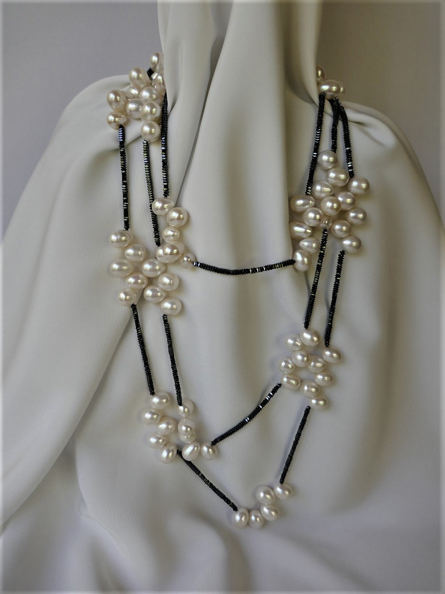 One Strand White Drop Cultured Pearls, Hematite, Crystal 925 Sterling Silver Clasp Six-in-One Necklace
