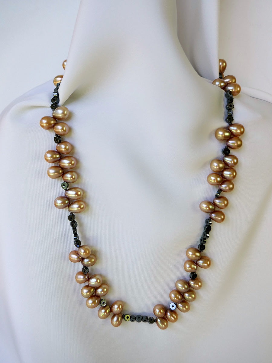 One Strand Champagne Drop Cultured Pearl Hematite Necklace