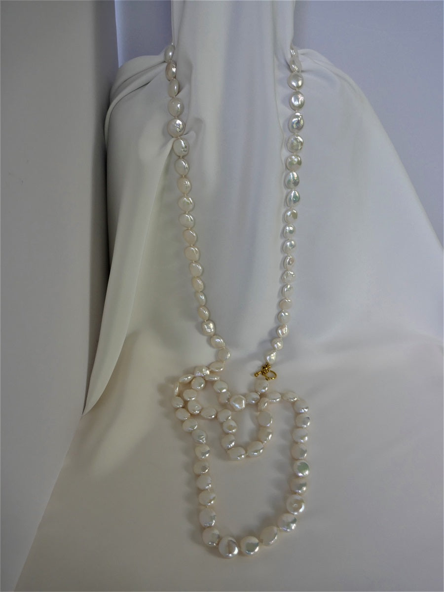 One Strand Long White Coin Cultured Pearl Long Necklace 18k Gold Clasp