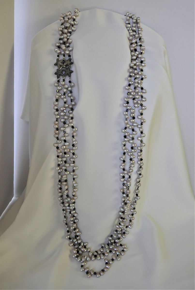 Three Strands Platinum Drop Cultured Pearls, Hematite Necklace Exclusive Oxidized Sterling Silver Starfish Clasp