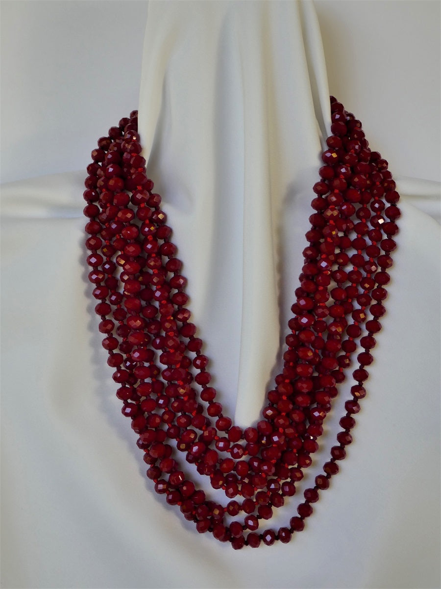 Four Strand Faceted Red Austrian Crystal Long Necklace