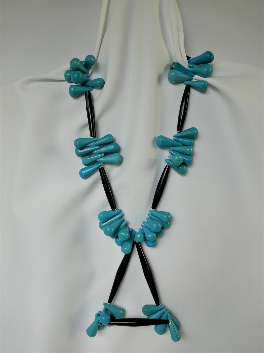 One Strand Stabilized Turquoise Drops Horn Tubes & Sterling Silver Roundels Semi-Precious Stone Necklace