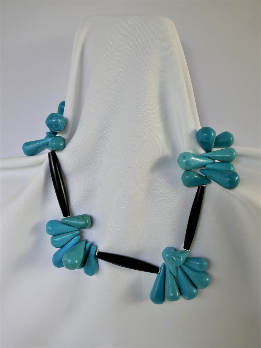 One Strand Stabilized Turquoise Drops Horn Tubes & Sterling Silver Roundels Semi-Precious Stone Necklace