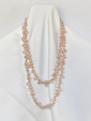 One Strand Pale Pink Drop Cultured Pearls, Rose Quartz, Rock Crystal and Pearls Finish Lariat Gemstone Necklace