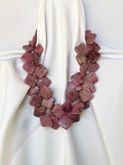 One Strand Rhodonite Squares Gemstone Necklace Sterling Silver Clasp
