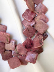 One Strand Rhodonite Squares Gemstone Necklace Sterling Silver Clasp