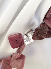 One Strand Rhodonite Squares Gemstone Necklace Sterling Silver Clasp