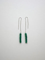 Faceted Green Onyx Roundels on Silver Sterling Threader Long Earrings