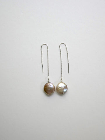 14mm Natural Coin Cultured Pearls on Silver Sterling Threader Long Earrings