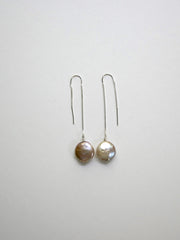 14mm Natural Coin Cultured Pearls on Silver Sterling Threader Long Earrings