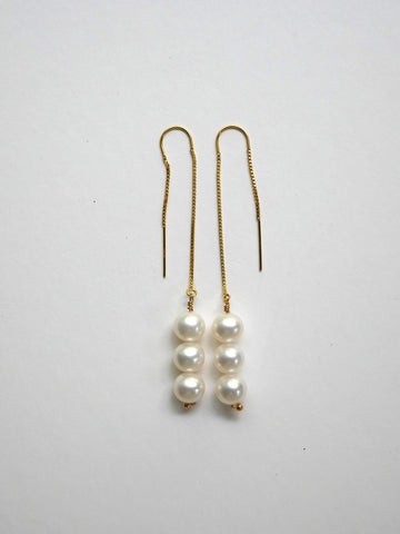 White Cultured Pearls on 14k Gold Filled Threader Long Earrings