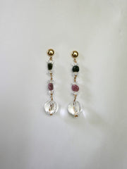 Rock Crystal, Pink and Green Tourmaline 14k Gold Filled Post and Wire Earrings