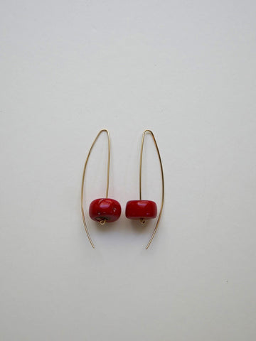 Red Chinese Coral Roundels on 14k gold filled Wire Earrings