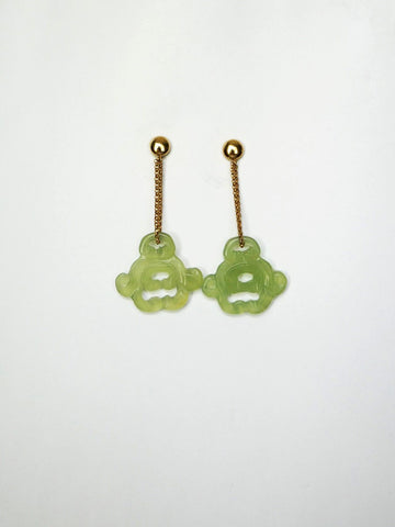 New Jade Carved Pieces (Pale Green) 14k gold filled post Long Earrings